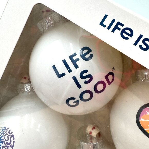 LIFE IS GOOD Set of 4 Decorative Glass Christmas Tree Ornaments 4 pack large si - Picture 3 of 8